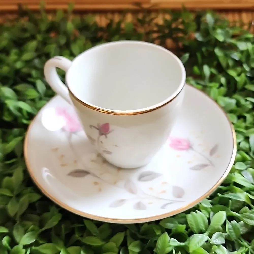Vtg Feminine Floral Abalone China Flamingo Rose Demitasse Teacup & Saucer